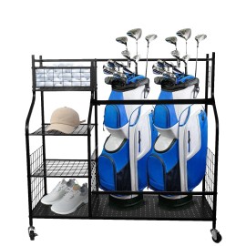 Aozora Golf Bag Organizer Stand Rack with Caster Wheels Fit 2 Golf Bags and Other Golfing Equipment and Accessories (Matte Black)