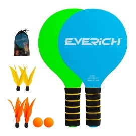 EVERICH TOY Beach Paddle Ball for Kids & Adults, Wooden Racket Paddle Game Set, Indoor and Outdoor Racquet Sport, Fun Backyard or Lawn Activity, Includes 2 Paddles, 2 Balls, 4 Birdies
