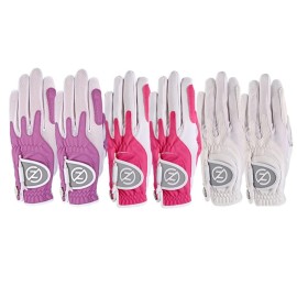 Zero Friction Ladies Performance Universal-Fit Golf Glove, Multicolor V2 6Pk, White/Pink/Lavender
