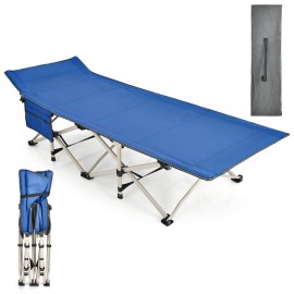 GYMAX Camping Cot, 882 LBS Folding Camping Cot for Adult with Carry Bag & Side Pocket, Heavy Duty Quick Folding Design Camping Bed for Sleeping/Nap, Portable Lightweight Military Cot (1, Blue)