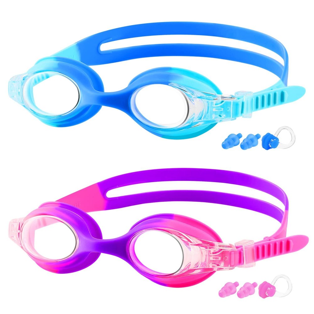 COOLOO Kids Goggles for Swimming Age 3-15, 2 Pack Kids Swim Goggles with nose cover, No Leaking, Anti-Fog, Waterproof, Blue & Purple