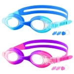 COOLOO Kids Goggles for Swimming Age 3-15, 2 Pack Kids Swim Goggles with nose cover, No Leaking, Anti-Fog, Waterproof, Blue & Purple