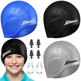 3Pcs Swim Caps for Kids with 3D Ear Pocket Silicone Bathing Swimming Caps with 2 Pair Ear Plugs Nose Clip for Women Men Teens (Black, Blue, Grey)