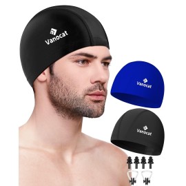 2 Pack Lycra Swim Caps for Women Men, High Elasticity Spandex Fabric Swimming Caps for Long/Short Hair, Comfortable Swim Hats with Ear Plugs & Nose Clip-1