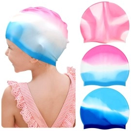 3 Pieces Kids Swim Caps for Long Hair Silicone Swimming Cap for Girls Boys Kids Teens with Long Curly Hair Braids Dreadlocks Large Waterproof Swim Hat (Mixed Colors)