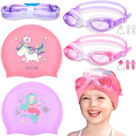 8 Pack Kids Swim Cap for Long/Short Hair, Unisex Silicone Swimming Cap for Age 2-14 with Goggles Ear Plug Nose Clip Bathing Swim Caps for Children Boys Girls (Unicorn, Mermaid)