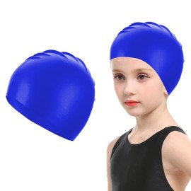Doovid Kids Swim Caps Waterproof Swimming Cap Boys Girls Bathing Caps Age 3-8 Long and Short Hair Silicone Swim Cap Navy Blue 3-8T