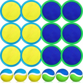 Kids Toys Toss and Catch Game Set 12 Paddles 6 Balls Beach Game Outdoor Ball Sports Games Toss and Catch Ball Set with Paddles Ball Nylon Catch Toys for Kids Adults Playground (Blue Yellow,Blue Green)