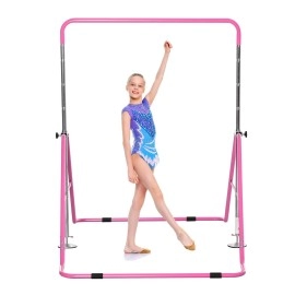 Phagatt Adjustable Height Gymnastics bar Horizontal Bars Children Folding Monkey Bars Child Gym Climbing Tower Kip Balance Bar (Pink)