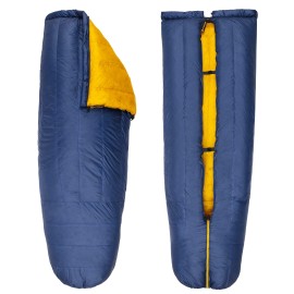 Featherstone Moondance 25 850 Fill Power Down Top Quilt Mummy Sleeping Bag Alternative for Ultralight Backpacking Camping and Thru-Hiking Color: Navy/Marigold Size: Long/Wide