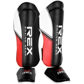 Rex Sports Shin Guards for Muay Thai, Kickboxing, MMA Fighting and Training, Instep Leg Protector Foam Pads for Martial Arts, Sparring, Protective Gear for BJJ and Boxing (S, Black/Red)