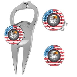 LinksWalker Hat Trick Divot Tool US Flag Gift Set with Magnetic Hat Clip 3 Golf Ball Markers Made in USA (Nickel)
