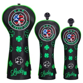 Golf Headcovers for Woods Driver Fairway Wood Hybrid Vintage Style Golf Wood Head Cover Set 3pcs PU Leather for Taylormade Callaway Titleist Ping Cobra Cleveland # 1 F H (3PCS-Lucky Clover Black)