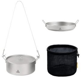 SILVERANT Ultralight Titanium Large 2-Piece Pot & Pan Camping Cookware Set, Lightweight Titanium Camping Pot Mug with Hanger/Retractable Handles and Mesh Drawstring Bag
