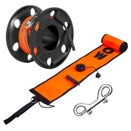 6FT Diving Surface Marker Buoy Open Bottom, DSMB Signal Tube Safety Sausage with 100FT Big Dive Finger Spool Reel, and Double-Ended Snap Clip for Diver Underwater Sports (6FT Orange SMB+Black Reel)