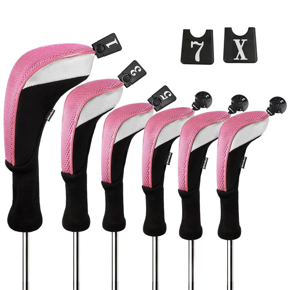 Andux 6pcs/Set Golf Club Head Covers Long Neck (3pcs Hybrid Covers + 3pcs Wood Covers) (Black/Pink)