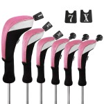 Andux 6pcs/Set Golf Club Head Covers Long Neck (3pcs Hybrid Covers + 3pcs Wood Covers) (Black/Pink)