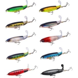 RTGSE 10Pcs Fishing Lure for Bass Whopper Popper Topwater Fishing Lures with Floating Rotating Tail Barb Treble Hooks in Saltwater Freshwater Plopping Lures Kit