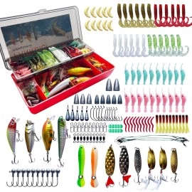 154pcs Fishing Lures Set Tackle Including Crankbaits, Spinner baits, Plastic Worms, Jigs, Topwater Lures Hook for Trout Bass Salmon with Free Tackle Box