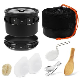 Higher Altitude Portable Camping Cookware Set - 10pc Cooking Backpacking Mess Kits Camping Pots and Pans Set for Hiking