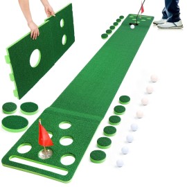 Chriiena Golf Putting Mat, Extendable Practice Golf Pong-Game Set with 4 connectable Putting Pads,Includes 8pcs Golf Balls and Portable Bag for Indoor Outdoor Party Game Use (Green)