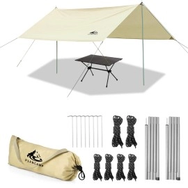 P1ENCAMP 10?10FT Camping Tarp with 2?6.6FT Poles, Waterproof & Lightweight Tent Tarp, Rain Fly Sun Shelter, 210D Oxford UPF50+ Shelter Can Used with Car,Tent & Hammock for Picnic, Garden & Outdoor