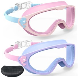 DEFUNX Kids Swim Goggles for Teens Girls Boys Anti Fog Goggles for Swimming 8-12 6-14 10-12 Pool Goggles No Hair Pull, Pack of 2, Pink and Violet