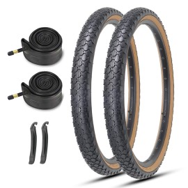 MOHEGIA Beach Cruiser Bike Tires Replacement Kit with 2 Pack 26 x 2.125 Inch Folding Bicycle Tires,Tubes and Tire Levers/Brown Side Wall