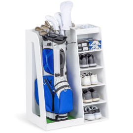 GoSports Premium Wooden Golf Bag Organizer and Storage Rack - Black, Brown, and White