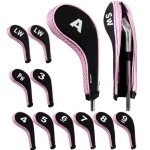 Andux Number Print Golf Iron Club Head Covers Long Neck with Zipper 12pcs/Set Black/Pink