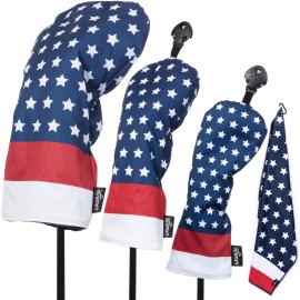 American Flag Golf Club Covers - 3 Pack Head Covers Fit Woods, Driver and Hybrid Clubs - Headcovers Include Matching USA Microfiber Towel and Rotatable Id Tags