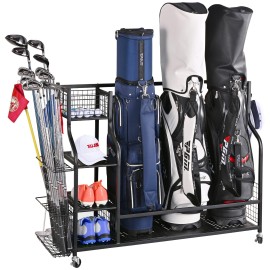 PLKOW 3 Golf Bag Organizer Golf Storage Fits for 3 Full Size Golf Bags, Golf Clubs and Golf Accessories, Extra Large Size Golf Storage Organizer for Garage with Wheels