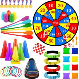 56 Pcs Carnival Outdoor Games Set Ring Toss Game Bean Bags 3 Legged Race Bands Egg and Spoon Race Cones Game Prizes Dartboard Belt for Adults Birthday Yard Lawn Games