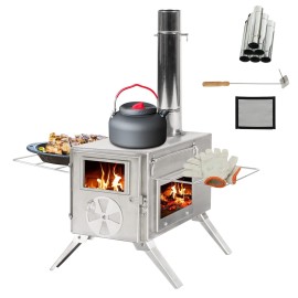 COEWSKE Camping Tent Stove Portable Wood Burning Stove with Window and 6 Chimney Pipe Side Racks 2 Grates for Tent Shelter and Cooking Heating Silver