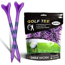 EAGLE WORK Plastic Golf Tees, Pack of 50(3-1/4'') 4 Prongs Golf Tees, More Durable and Stable, Reduces Friction & Side Spin Plastic Tees