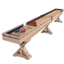 Freetime Fun 12 FT Shuffleboard Table Multi Game Solid Wood Game Tables for Game Room - Shuffleboard Bowling Pin Set, Pucks, Wax and Brush - Comes in 2 6' Pieces Goes Around Stairs & Hallways