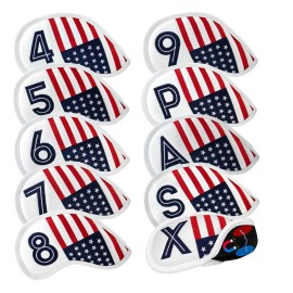 Golf Magnetic Iron Covers Iron Head Covers Set 10pcs/Set Iron Headcover Golf Iron Club Cover USA American Flag for Titleist, Callaway, Ping, Taylormade PXG0311 - Weather Resistant