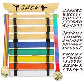 Winartton Bamboo Karate Belt Display Rack, 8 Belts Taekwondo Belt Display with Stickers, Martial Arts Belt Display, No Assembly Required, Belt Holder Gift for Kids and Adults
