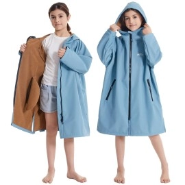 Hiturbo Kids Waterproof Swim Parka: Windproof Swimming Coat - Thin Fleece Lining - Oversized Swimmer Jacket (9-14Y, Blue)