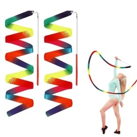 2PCS Dance Ribbons, 78.7 Inch Rhythmic Gymnastics Ribbon, Colorful Dance Ribbon with Dancer Wand, Rainbow Dancing Ribbon Streamers for Kids Adults Artistic Dancing Training Party Favor