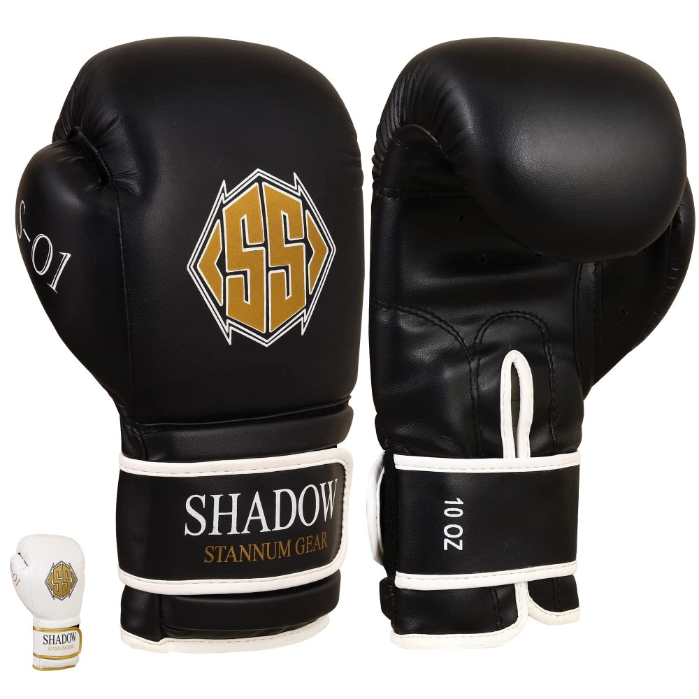 SS Gear Boxing Gloves for Sparring, Muay Thai MMA Kickboxing, Heavy Training, Fighting - PU Leather Boxing Gloves for Men and Women (Black Gold, 16oz)