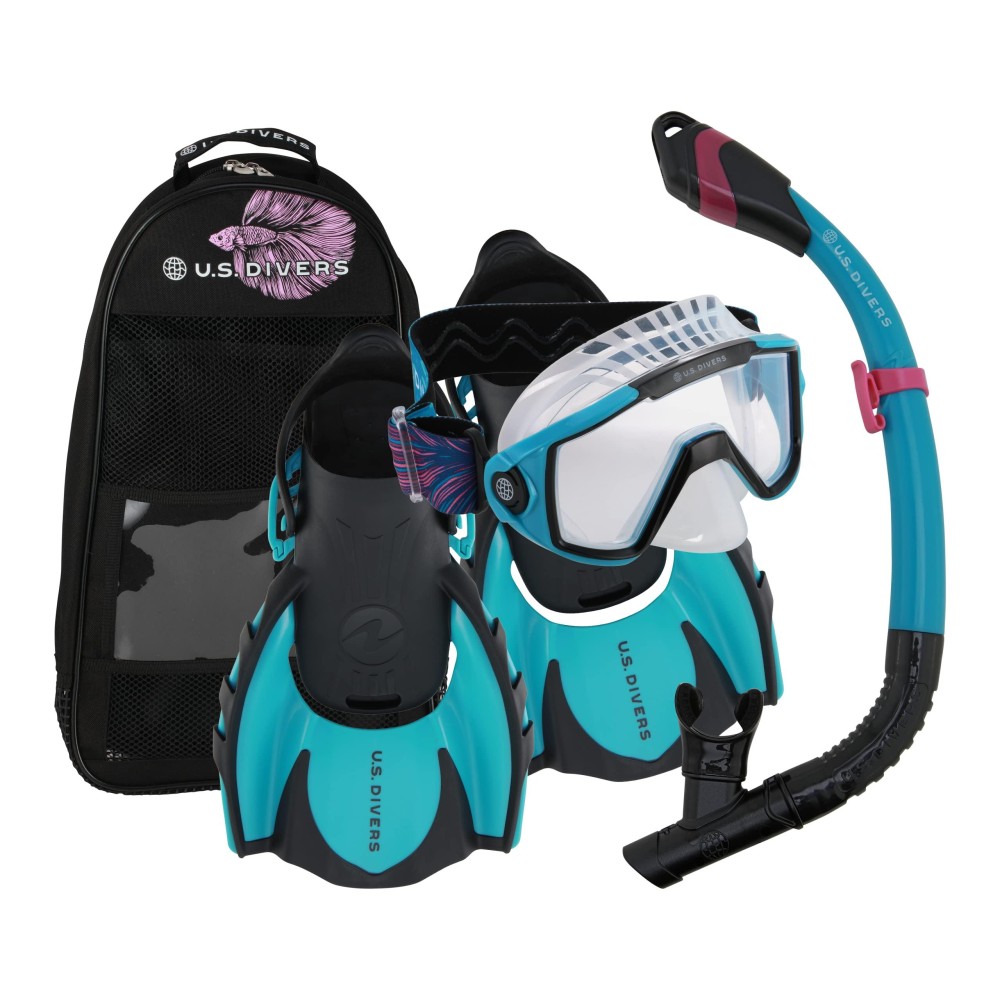 U.S. Divers Avila Unisex Adult Snorkel Set - Curved 1-Window Lens for Panoramic Vision, Anti-Fog Lens, Dry Top Snorkel, Adjustable Open Heel Compact Fins Small (4-7), Betta