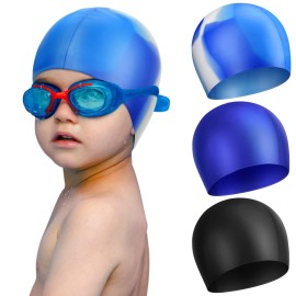 3 Pcs Swim Cap Kids Waterproof Silicone Swimming Caps for Girls Boys Aged 2-10 Pool Swim Hat for Toddler Children (Stylish Color)