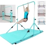 Seliyoo Junior Foldable Gymnastics kip bar with Fiberglass Cross bar,Adjustable arms from 3 to 5 Gymnastics bar with Wheels,Easy to Assembly,Safe Training for Kids (Teal-Mat)