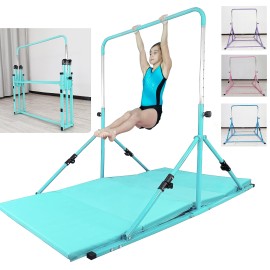 Seliyoo Junior Foldable Gymnastics kip bar with Fiberglass Cross bar,Adjustable arms from 3 to 5 Gymnastics bar with Wheels,Easy to Assembly,Safe Training for Kids (Teal-Mat)