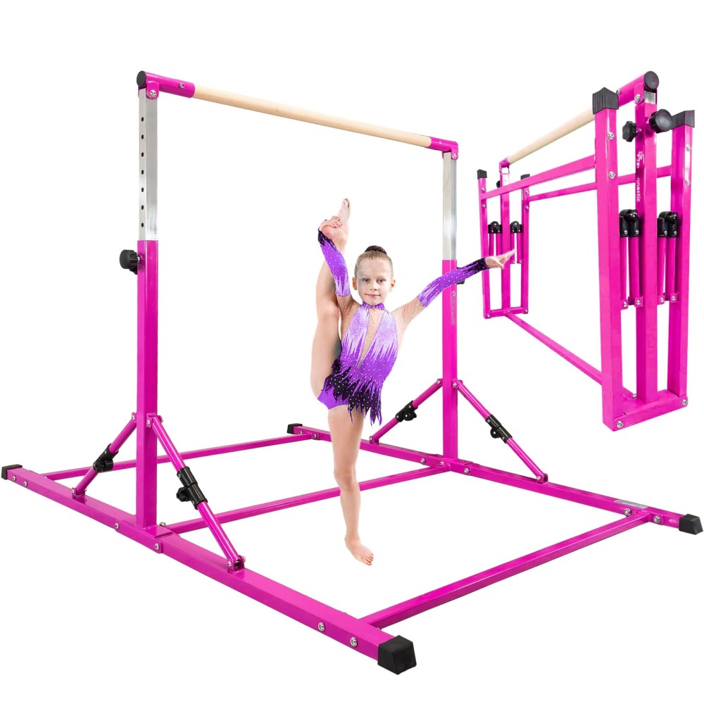 PreGymnastic 6 ft Foldable Gymnastics Bar, Adjustable Height 3'-5' Gymnastics Bar (Hot Purple)