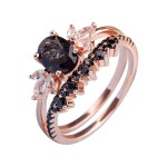 Boho Stacking Rings for Women Girls Black Rutilated Quartz Engagement Ring Set Oval Shaped Rose Gold Ring Black Zirconia Curved Wedding Anniversary Ring Mother- Statement Jewelry Rings (Black, 7)