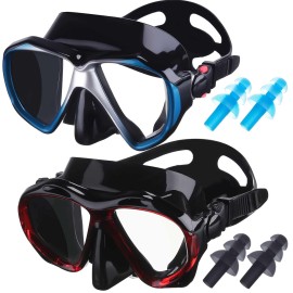 2 Pairs Swim Goggles with Nose Cover Snorkel Mask Adult Swim Masks for Adults with 2 Pair Earplugs Anti Fog Tempered Glass Diving Mask Clear View Goggles for Adult Youth Swimming Diving (Red, Blue)