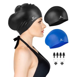Long Hair Swim Cap for Women 2 Pack, Silicone Swimming Caps for Unisex Adult Women Men with Ear Plugs & Nose Clip Set, Waterproof Adult Swim Hats Bathing Caps to Keep Hair Dry(Black+Blue)
