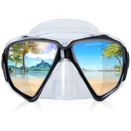 Snorkel Diving Mask Panoramic HD Swim Mask, Anti-Fog Scuba Diving Goggles,Tempered Glass Dive Mask Adult Youth Swim Goggles with Nose Cover for Diving, Snorkeling, Swimming (Clear-Black)